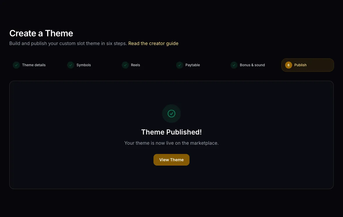 Theme Published confirmation with a View Theme button