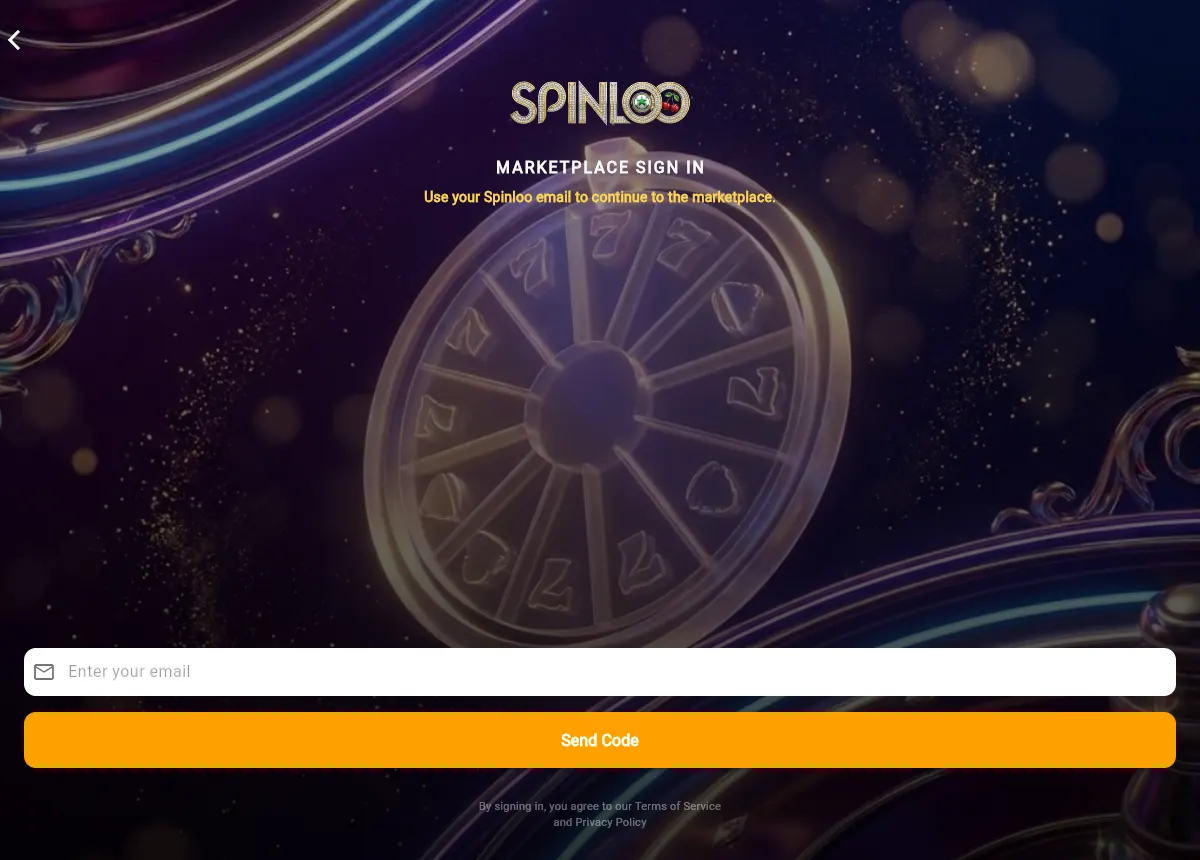 Spinloo marketplace sign-in screen with an email field and a Send Code button