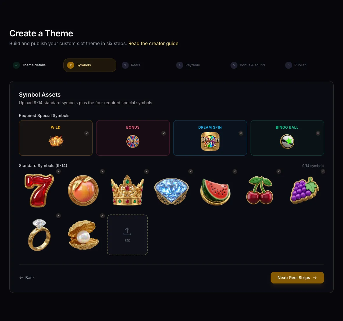 Symbol Assets step with Wild, Bonus, Dream Spin and Bingo Ball uploaded and nine standard symbols