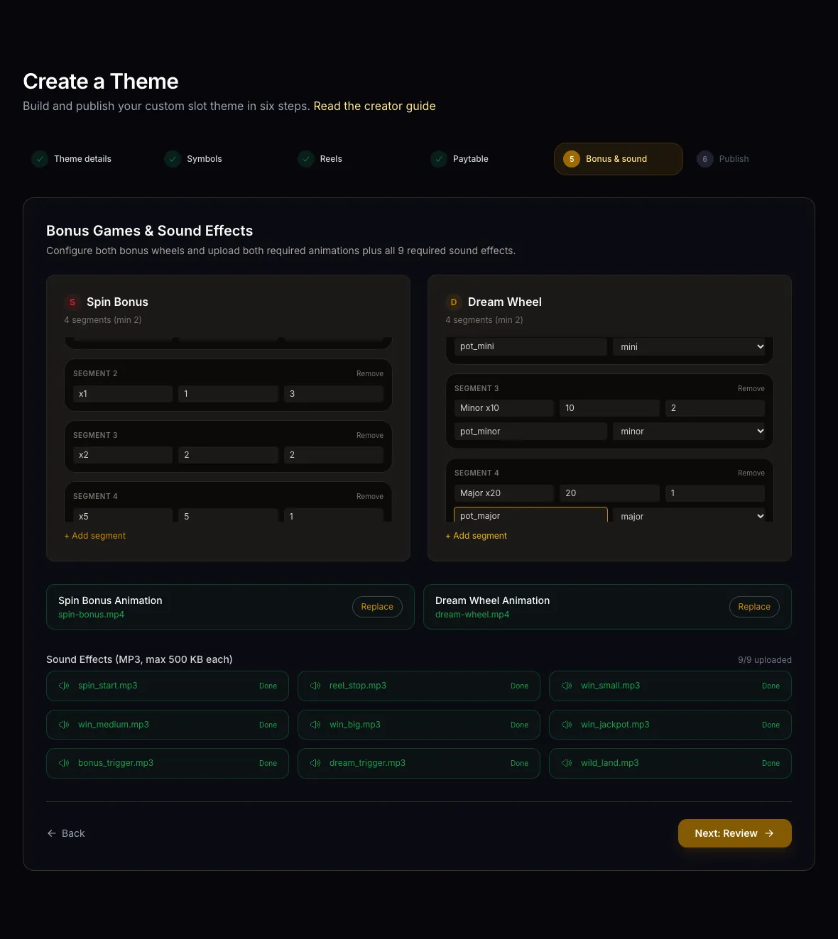 Bonus Games and Sound Effects step with four segments per wheel, two animations and nine sound files uploaded