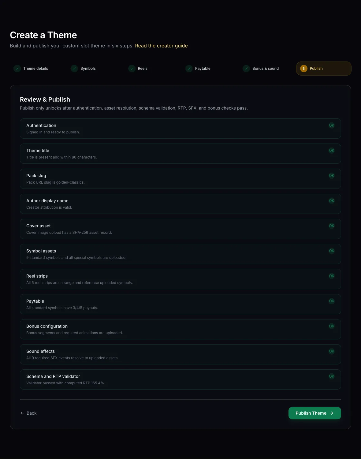 Review and Publish step with eleven checks marked OK and the Publish Theme button