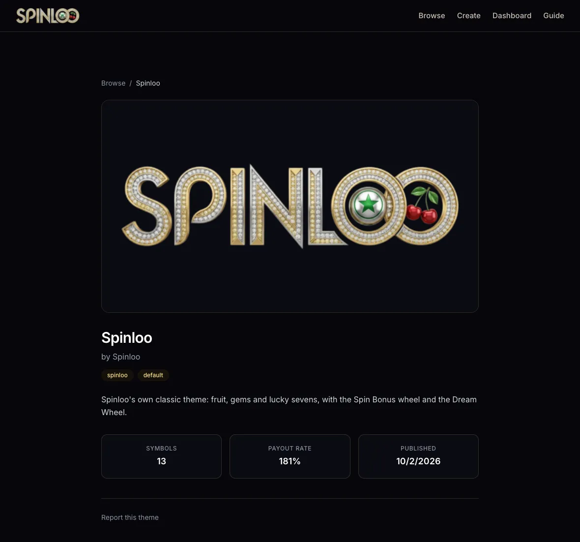 Theme page for Spinloo with cover art, tags, description, symbol count, RTP and publish date