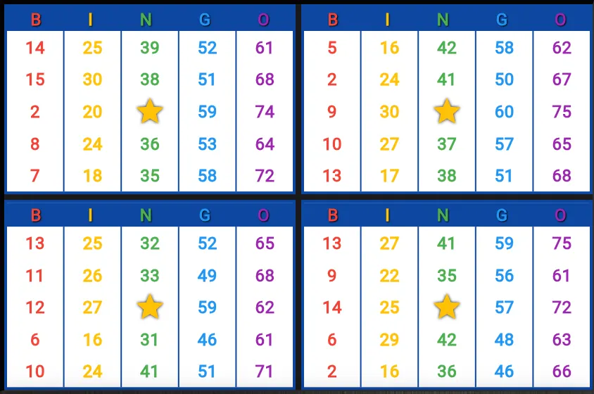 Four bingo cards, each with a free star in the centre square