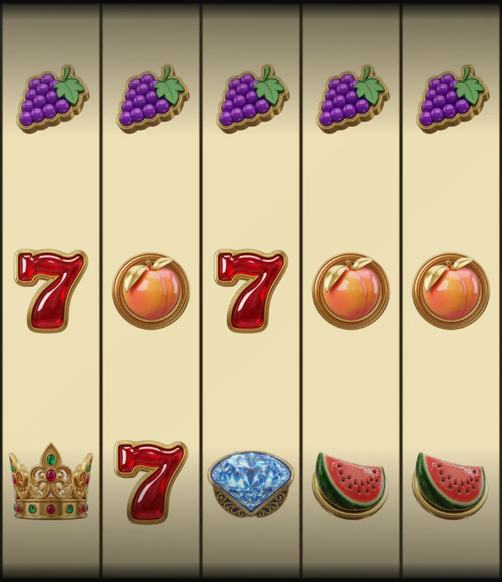 Five slot reels showing grapes, sevens, peaches, watermelons, a crown and a diamond