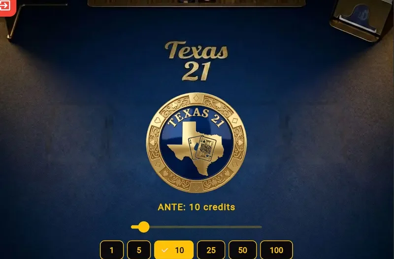 The Texas21 table before a hand, with the ante set to 10 credits