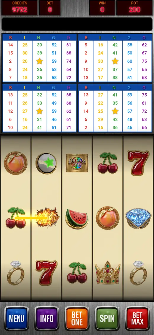The game on a phone: four bingo cards above five slot reels and the spin controls