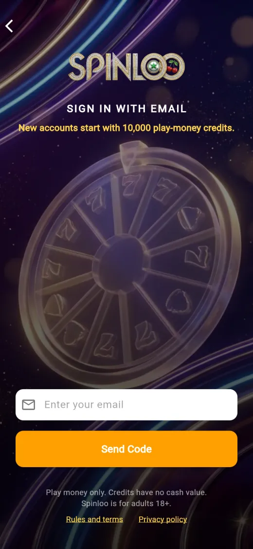 The Spinloo sign-in screen on a phone, asking for an email address and sending a code